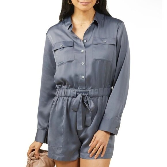 Outerknown Benson Jumpsuit Large Utility Long Sleeve Button Tie Romper Satin - Picture 2 of 11